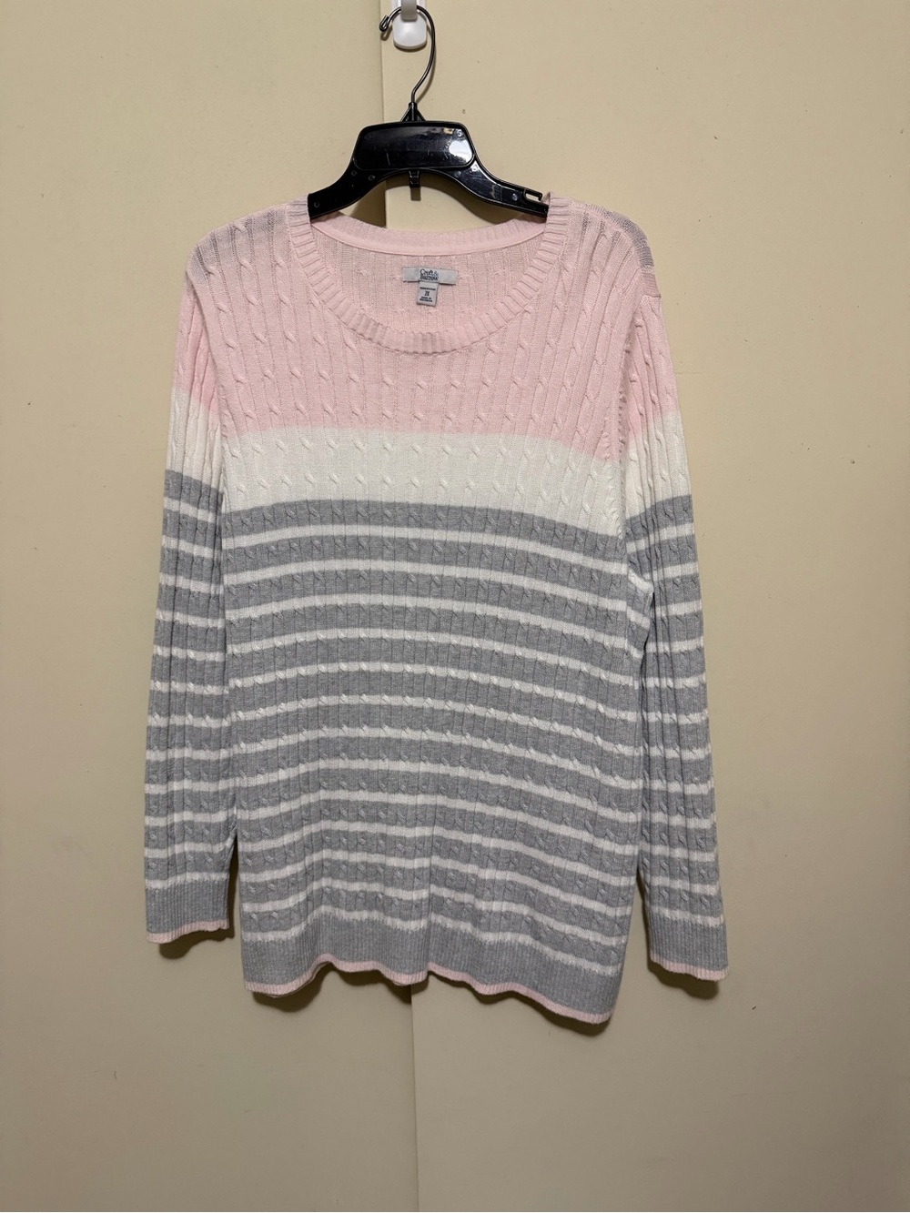 croft & barrow Pink, White & Gray Striped Cable Crewneck Sweater